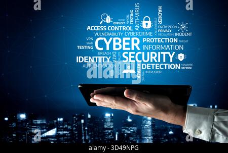 This image showcases essential cybersecurity concepts, highlighting key terms and strategies for enhancing online protection and ensuring digital Stock Photo