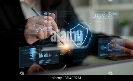 A futuristic cybersecurity dashboard for a Security Operations Center (SOC). The system monitors the network, analyzes data for threats, and provides Stock Photo