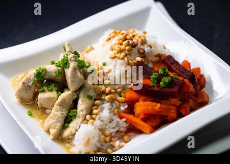 Chicken strips with savory sauce, white rice, pine nuts, and roasted carrots and beets on a square plate Stock Photo