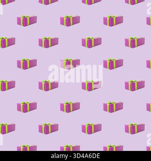 Gift pattern. Pink seamless background. Symmetrical arrangement of presents in polka dot boxes with ribbon bows Stock Photo