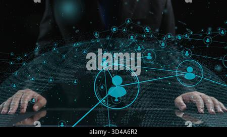 A modern concept showcasing business networking and communication through digital technologies, illustrating people connections and global Stock Photo