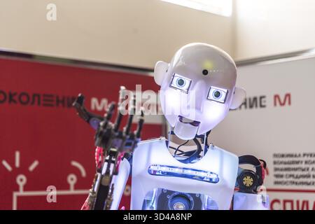STAVROPOL, RUSSIA - APRIL 6, 2019: Modern Promo robot on the technology exhibition in Stavropol Russia Stock Photo