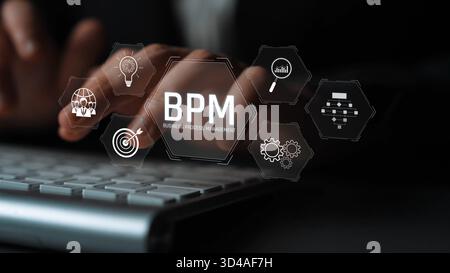 Business Process Management concept showing workflow analysis, process optimization, team collaboration, automation, and performance improvement Stock Photo