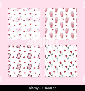 Cute Valentine Seamless Patterns Set with Hearts, Roses, Letters and Sweets Stock Vector