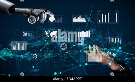 A captivating image showcasing the interaction between a robotic arm and a human hand, set against a backdrop of digital data and analytics Stock Photo