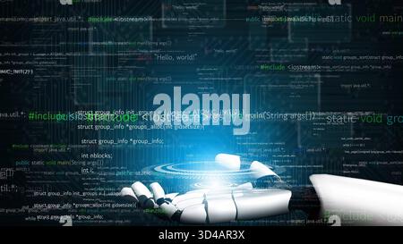 A captivating image of a robotic hand interacting with a holographic interface filled with programming code, representing advancements in artificial Stock Photo