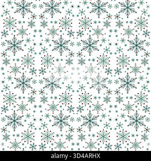 White green seamless pattern of snowflakes. Winter seasonal snowfall background. Snowflakes with six rays. Christmas decor in classic colors Stock Vector