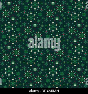 Dark seamless pattern of bright green snowflakes. Winter seasonal snowfall background. Snowflakes with six rays. Christmas decor in classic colors Stock Vector