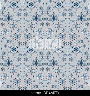 Seamless pattern of blue snowflakes on gray background. Winter seasonal snowfall background. Snowflakes with six rays. Christmas ornamental decor in c Stock Vector