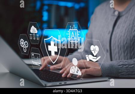 Artificial Intelligence in Healthcare and Medical Technology. Person using laptop with icons of AI, cloud computing, and health care tech. Stock Photo