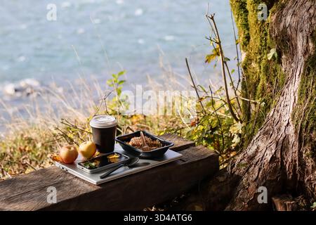 Coffee cup, apples, snacks, grain bowl on laptop by riverside tree. White-lidded dark coffee cup, two apples, small black tray with snacks Stock Photo