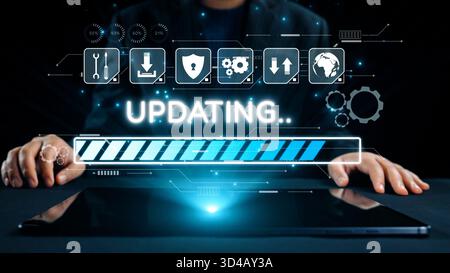 A scene depicting a hands-on tablet with an animated progress bar for software updating. Surrounding digital icons illustrate data management and Stock Photo