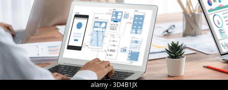 UX UI design process for brisk mobile application and website . Creative prototype of wireframe for professional app developer . Stock Photo