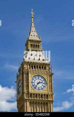 London, England, UK - 4 July 2025: Close up view of the clock face on the Elizabeth Tower which houses the Great Bell, more commonly know as Big Ben Stock Photo