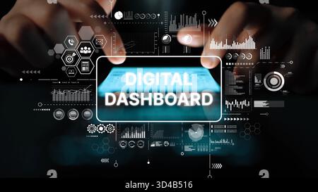Hands Interacting with a Futuristic Digital Dashboard Displaying Data Analytics and Graphical Visualizations. Asymptotic smart data analytic. Stock Photo