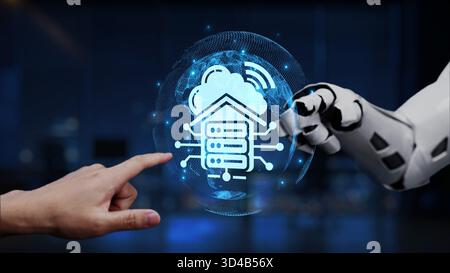 This image showcases a robotic hand and a human finger pointing towards a floating cloud and data storage icon, symbolizing the synergy of technology Stock Photo