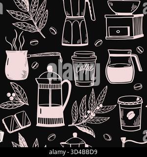 Seamless pattern with coffee pots, coffee cups, grinder and percolator. Black and white vector illustration for menu, packaging. Stock Vector