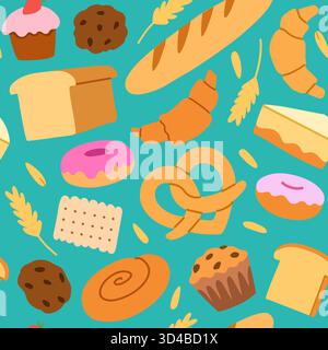 Seamless pattern with bakery elements, croissant, bread, cakes and cookies. Cute doodle hand-drawn illustration in trendy modern style Stock Vector
