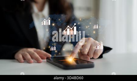 Visualization of global economic growth and stock market data. Financial chart analysis shows international business performance and investment Stock Photo