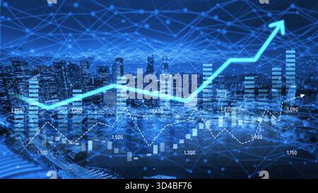 A digital representation of growth featuring a line graph against a city skyline. The image showcases financial data and technology connections in a Stock Photo