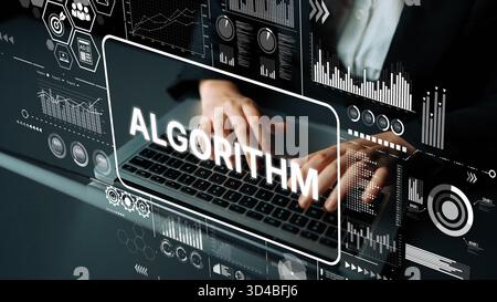 Hands typing on laptop with overlay graphics displaying data analytics concepts such as algorithms and technology in a modern workspace. Asymptotic Stock Photo