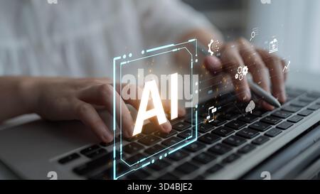 Concept of an enterprise Artificial Intelligence platform. The system integrates with various business processes like data analysis, cloud computing Stock Photo