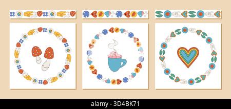 Groovy Retro Seamless Border Pattern Set Stock Vector