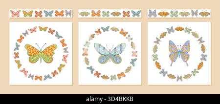 Groovy Retro Seamless Butterfly Border Set Stock Vector