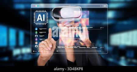 A futuristic setting illustrating a person engaging with a virtual reality interface, highlighting the integration of generative AI and prompt Stock Photo