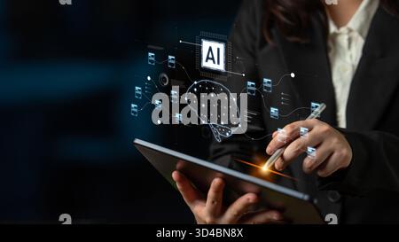 AI neural network and data processing system visualizing artificial intelligence with brain structure, chip, and connected data blocks for computation Stock Photo