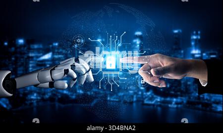 AI safeguarding cyber security system, monitoring threats, analyzing attack patterns, and securing digital infrastructure using intelligent encryption Stock Photo