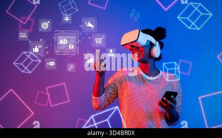 A young woman joyfully interacts with virtual reality advertising, showcasing innovative technology in a vibrant digital space filled with dynamic Stock Photo