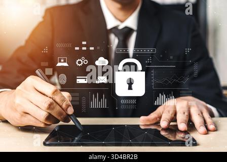 Digital cyber security lock system highlighting data security encryption, cyber password protection, fingerprint ID, cloud storage safety, and cyber Stock Photo