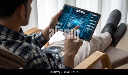 Software development or programming work with coding screen of various programming languages like HTML, , , and C brisk for new application Stock Photo