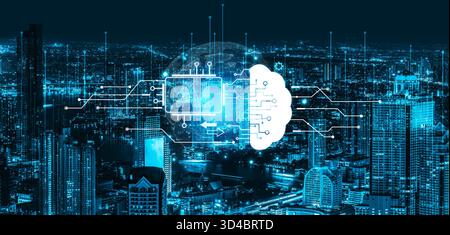 Concept of artificial intelligence and machine learning. A central processor transfers information to a cloud brain, representing a global neural Stock Photo