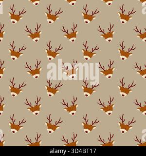 Seamless flat pattern with reindeer heads and antlers. Vector animal cute background Stock Vector