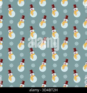 Seamless flat winter pattern with snowmen and snowflakes on blue background. Vector festive holiday print Stock Vector
