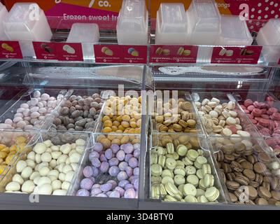 Assorted mochi and macarons are displayed in a self-serve frozen dessert counter. Various flavors like mango, chocolate, vanilla, salted caramel, pist Stock Photo