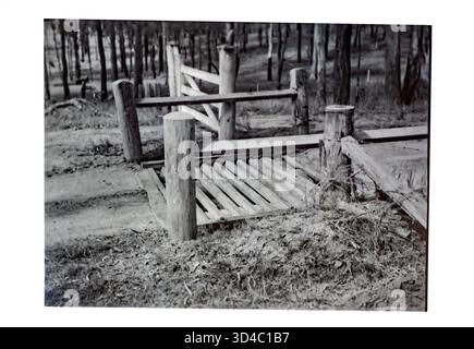 A timber cattle grid and side gate  on Australias number 1 highway near Gin Gin in 1956. Stock Photo