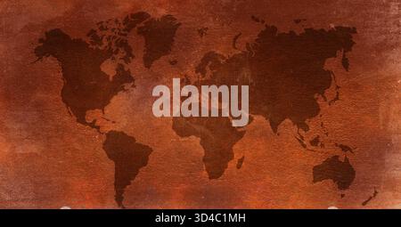 World map on Grunge rusty dark metal stone background  .Old map of the world in grunge style. Perfect vintage background. Realistic world map. Stock Photo