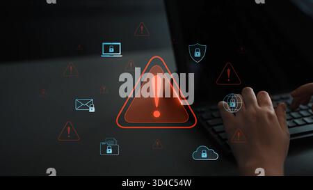 Cybersecurity threat alert protects data. Cyber security threat alert prevents access, alert warns breach, defends system, and cyber security threat Stock Photo