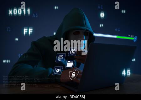 Cyber attack. Anonymous hacker in mask using laptop at table. Different icons on virtual screen Stock Photo
