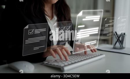 Online document management, cloud-based document access, secure digital file storage, paperless document workflow, and online document sharing for Stock Photo