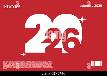 Stylish and vibrant red concept for celebrating New Year 2026. Its minimal and elegant design is perfect for digital banners, posters, or promotional Stock Vector