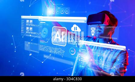 A striking image showcasing a person using virtual reality technology to interact with artificial intelligence and digital interfaces in an immersive Stock Photo