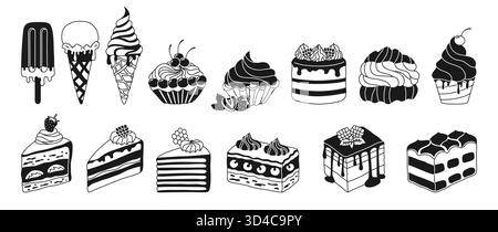 Cakes, pieces of cake and ice cream, different types desserts black and white glyph set. Birthday various slices cakes texture illustration. Sweet holiday bakery art. Vector hand drawn cartoon design Stock Vector