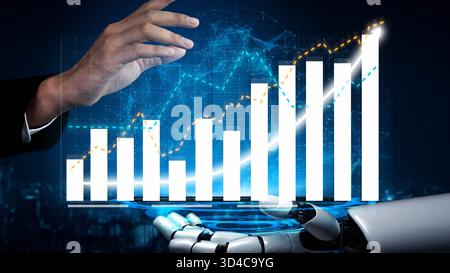 A futuristic image illustrating business growth with a robot hand presenting a digital graph. The design symbolizes innovation, technology, and data Stock Photo