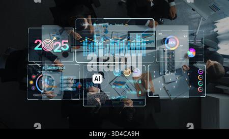 This image depicts a modern digital workspace with a vibrant analytics dashboard highlighting e-commerce insights and AI technology, ideal for Stock Photo
