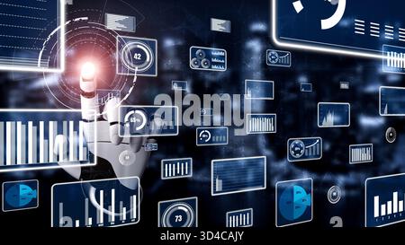A futuristic hand touches a digital screen filled with vibrant data visualizations and statistics, representing innovation in technology and Stock Photo