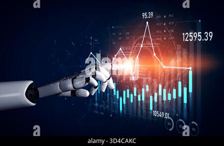 A robotic hand interacts with vibrant digital financial data, showcasing stock market trends, innovative technology, and the future of economic Stock Photo